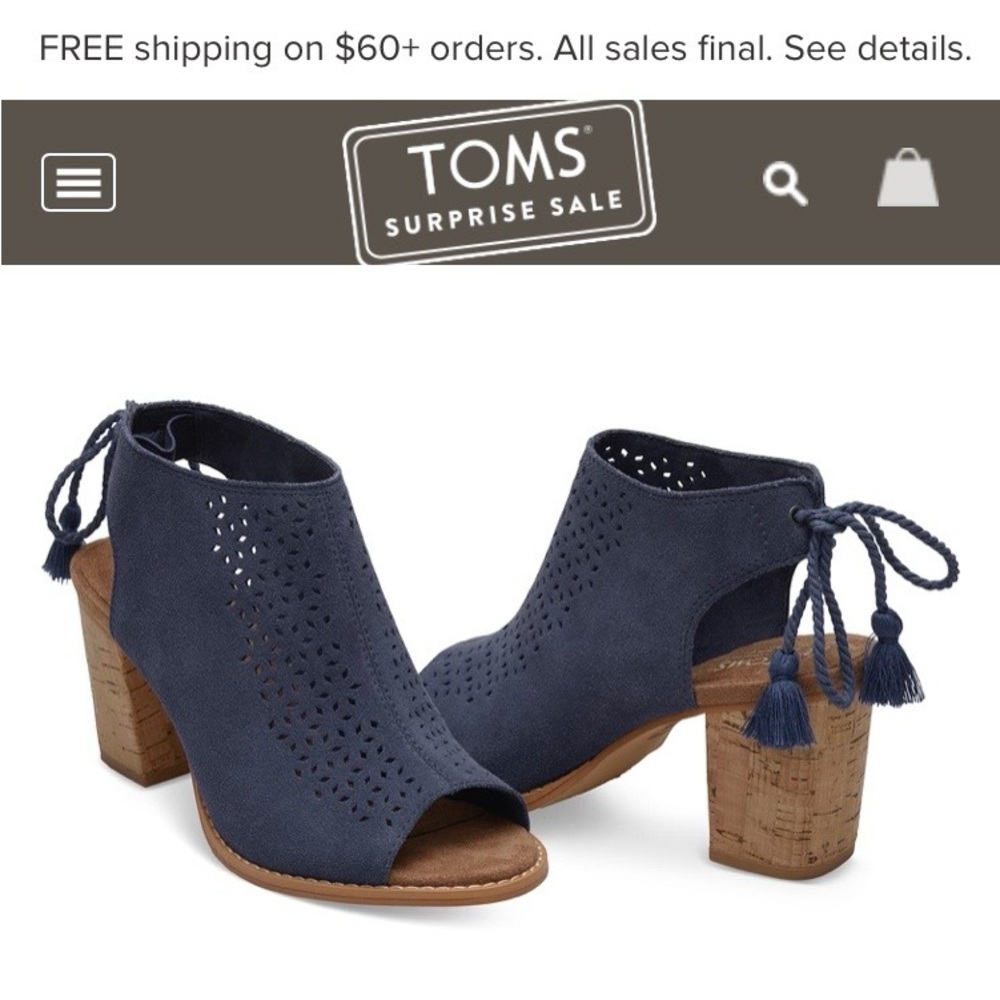 Toms Elba Boots  Women’s Size 7.5 Peep Toe Perforated Ankle Blue Bootie Suede